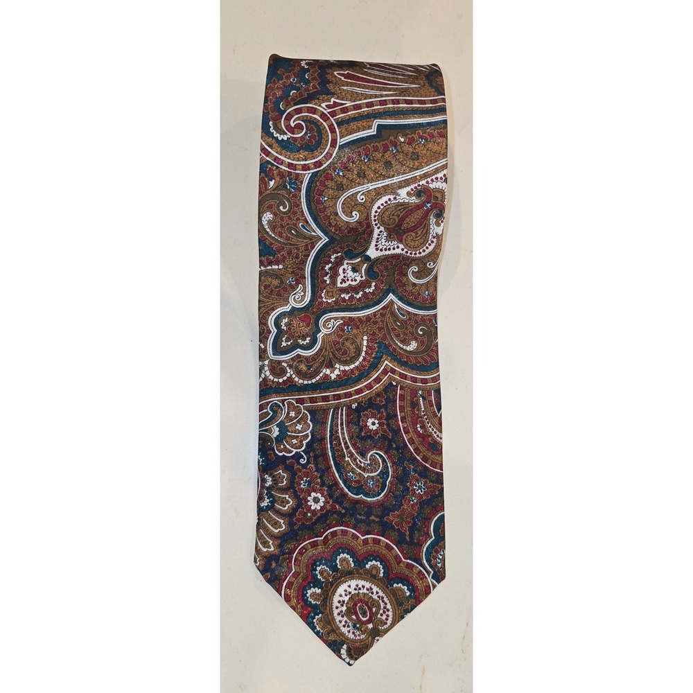 John Weitz Mens Vintage Paisley Necktie Burgundy Gold‎ Teal Made in USA RN 22356